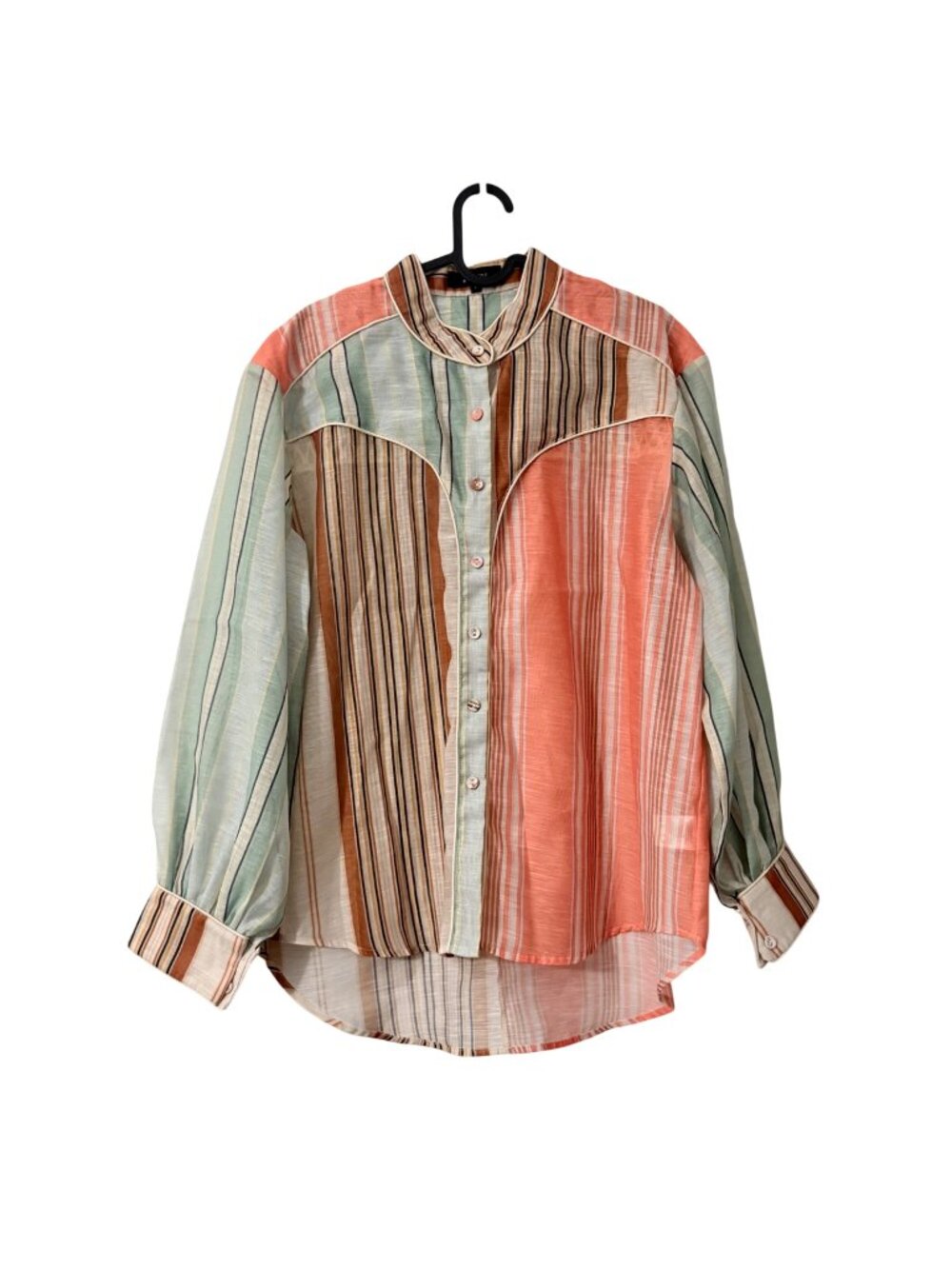 Beulah Style Multicolor Striped Woven Crochet Detail Sheer Blouse Womens Large